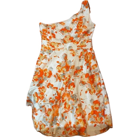 Tahari ASL Spring Floral Dress Sz 10 Ivory Orange Gray Gold Shimmer Silky - Picture 4 of 5